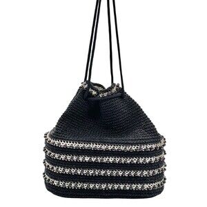 Vintage Woven Drawstring Bucket Mini Bag Silver Beads